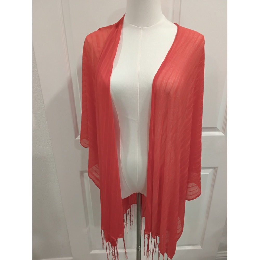 Sheer Coral Open Front Kimono Cardigan Fringe Lightweight Flowy